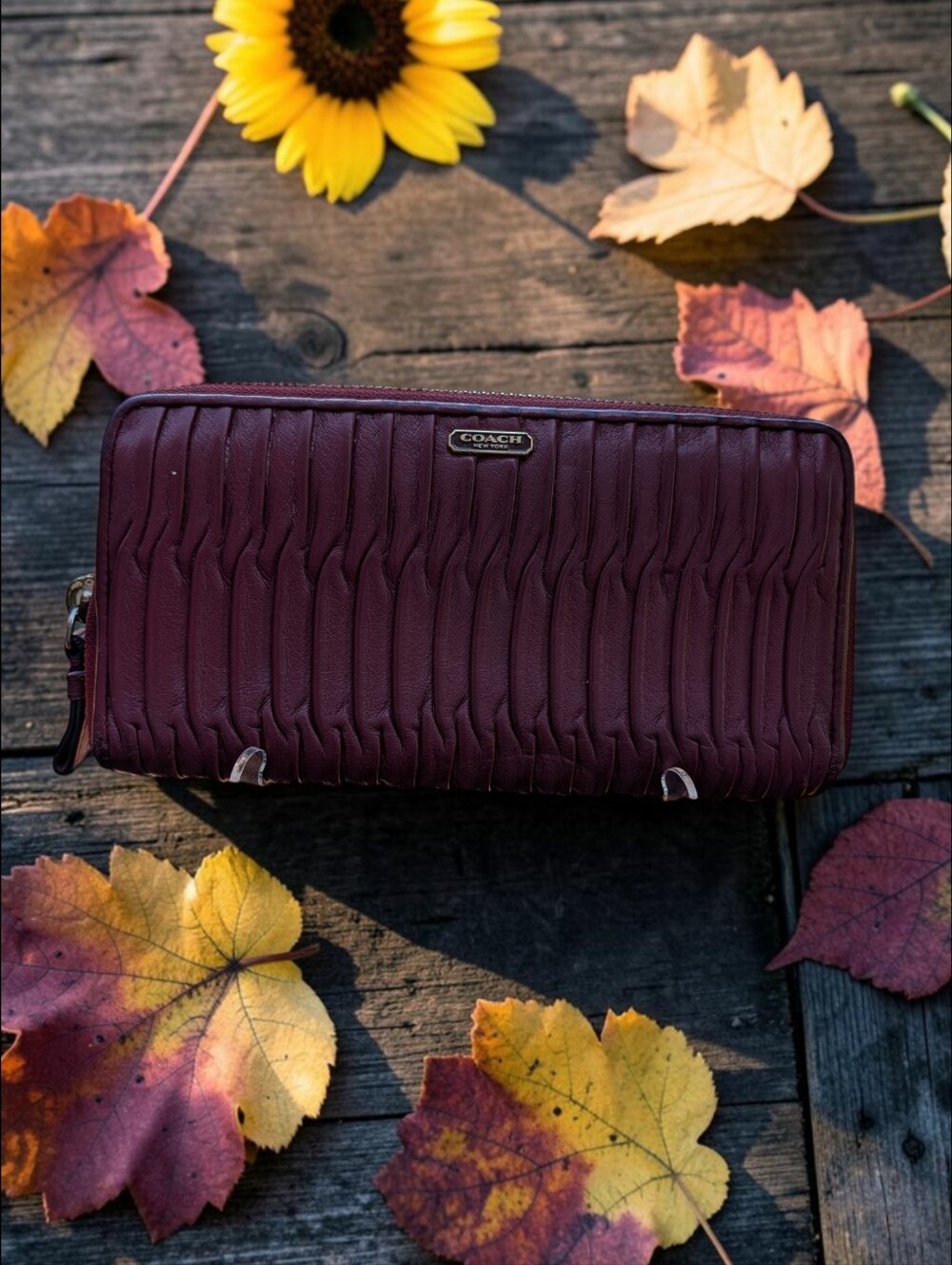 Coach Madison Gathered Twist Burgundy Leather Zipper Wallet
